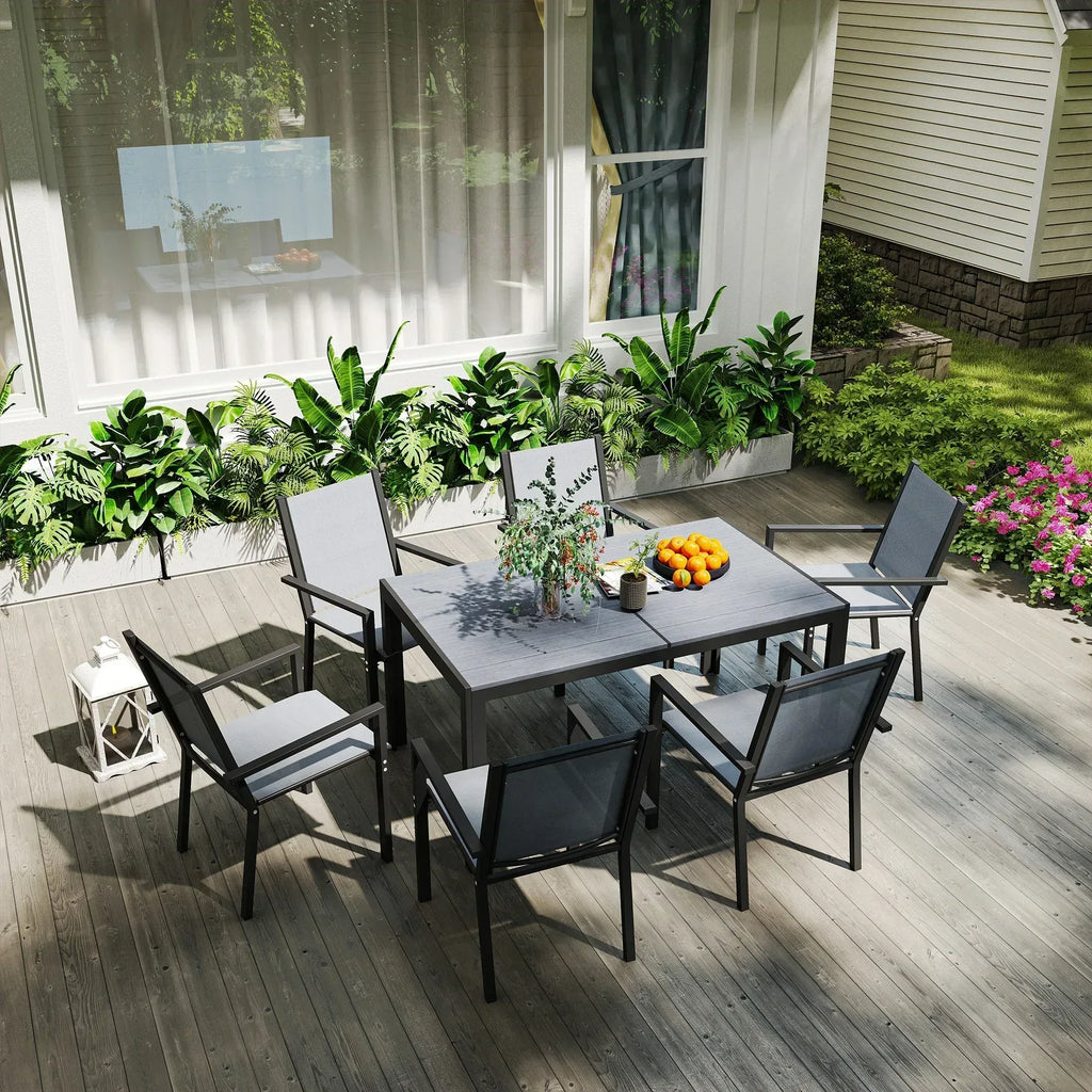 Seven-Piece Garden Dining Set, with Plastic Wood-Top Table - Grey - Bobobiy