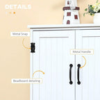 White cabinet doors with metal snap hinges and black bead-style handles