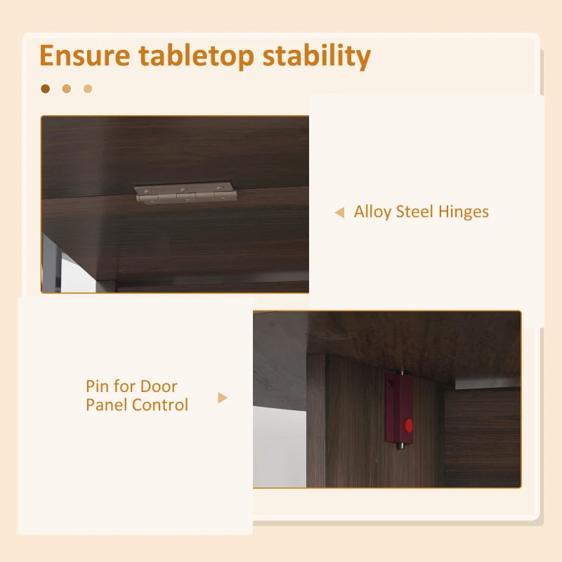 Underside of dark brown folding table showing hinges and underside support
