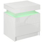 White high-gloss two-drawer bedside table with green LED light strip under the top