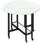 Folding drop-leaf dining table, white marble top with black frame and caster wheels