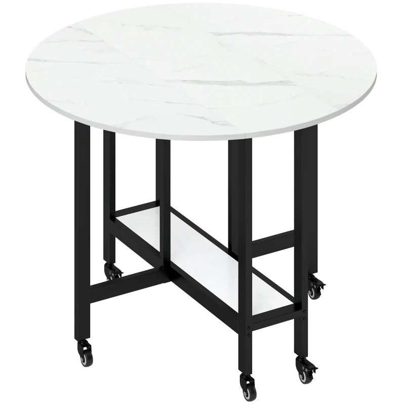 Folding drop-leaf dining table, white marble top with black frame and caster wheels