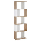 S-shaped wooden bookshelf with 5 open tiers, oak shelves and white frame