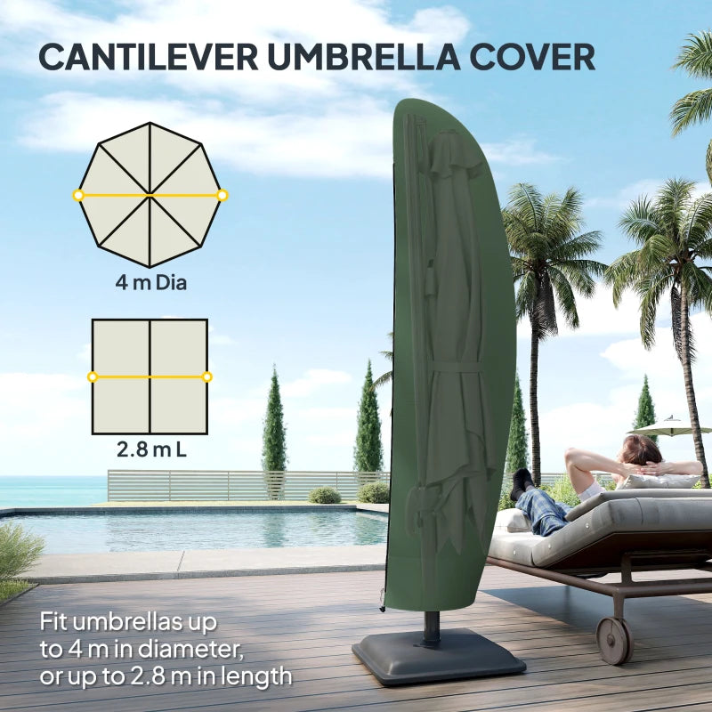 Green cantilever umbrella cover with tailored fit and full-length canopy drape