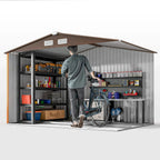 Metal garden shed interior with shelves, stored items, and bicycle