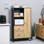 Freestanding kitchen cupboard with open side shelves, drawer fronts, and right door