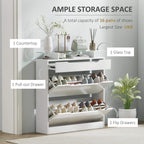 White shoe storage cabinet with pull-out drawer and stacked shoe shelves under tempered glass