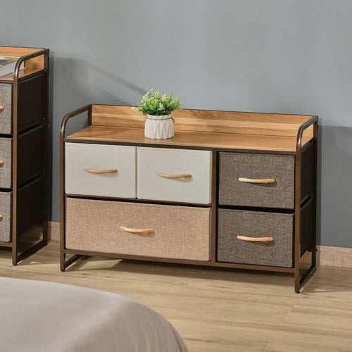 Five-drawer dresser with wood tabletop, beige and dark gray fabric drawers, gold pull handles