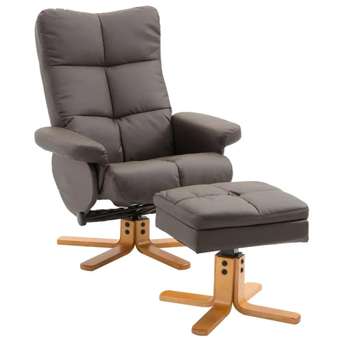 Brown PU leather swivel recliner chair with storage footstool and wooden base