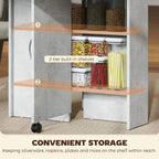 Grey table with two-tier built-in shelves for storage inside the side panel