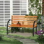 Black steel and natural wood slat 2-seat garden bench on patio with flower pots