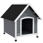 Grey wooden dog kennel with arched doorway, black roof, raised legs