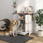 White raised dog bowl feeding station with open storage doors and pull-out drawer