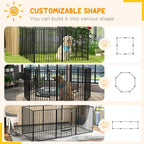 Black metal dog pen modular layout shown in outdoor, indoor, and corner configurations