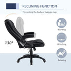 Black ergonomic chair reclines up to 130 degrees; padded seat and armrests on swivel base.