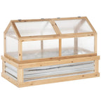Raised garden bed greenhouse cold frame with clear panels and hinged wooden roof, natural wood