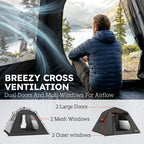 Dark grey camping tent with dual doors and mesh windows, red trim