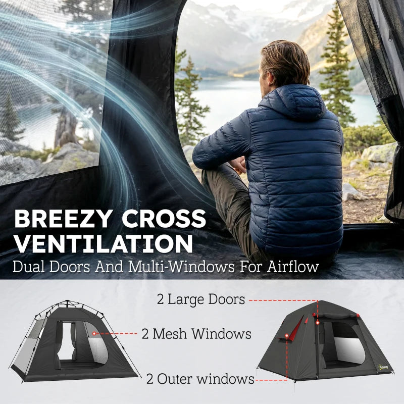 Dark grey camping tent with dual doors and mesh windows, red trim