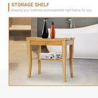 Natural wood 2-tier shower bench stool with open lower shelf for toiletries.