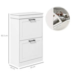White shoe cabinet with two flip drawers and black handles; dimensions shown