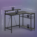 Black L-shaped desk with open lower shelf and side wire rack, size guide overlay