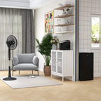 Black pedestal fan with repellent box unit, standing in a room setting
