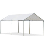 White open carport canopy tent with slanted roof and galvanized steel support frame