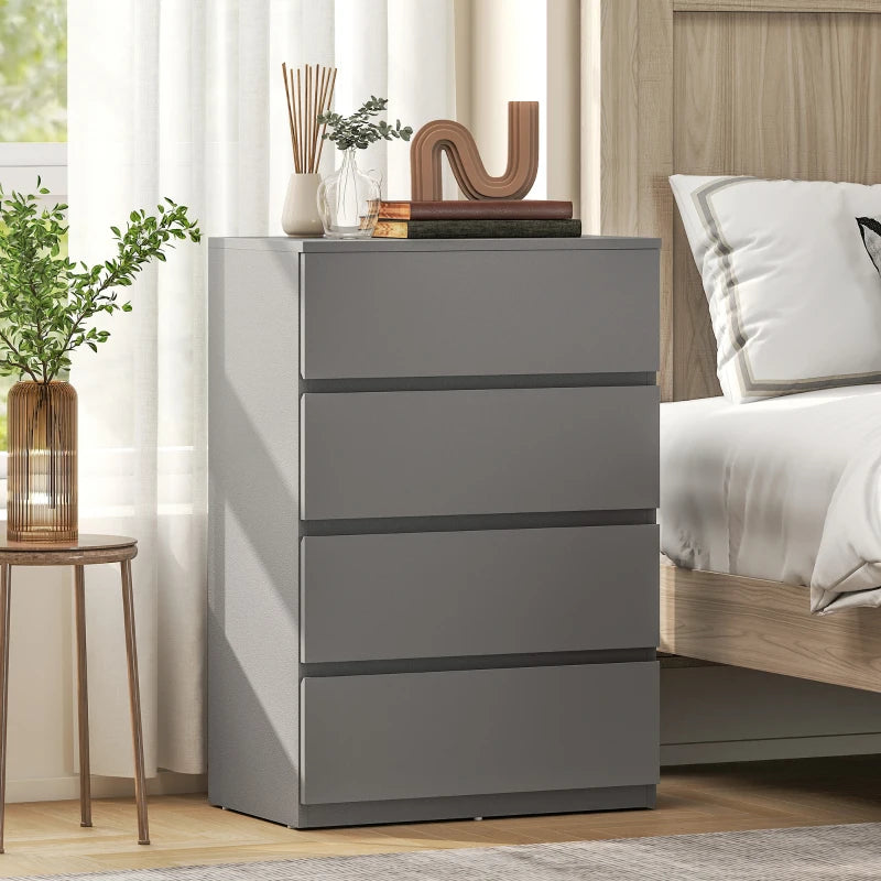 Grey four-drawer storage cabinet with closed drawers and simple modern styling.