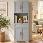 Grey freestanding kitchen pantry cabinet with open shelf, drawer, and double-door storage