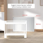 White radiator cover cabinet with open slatted grille and tall rectangular legs