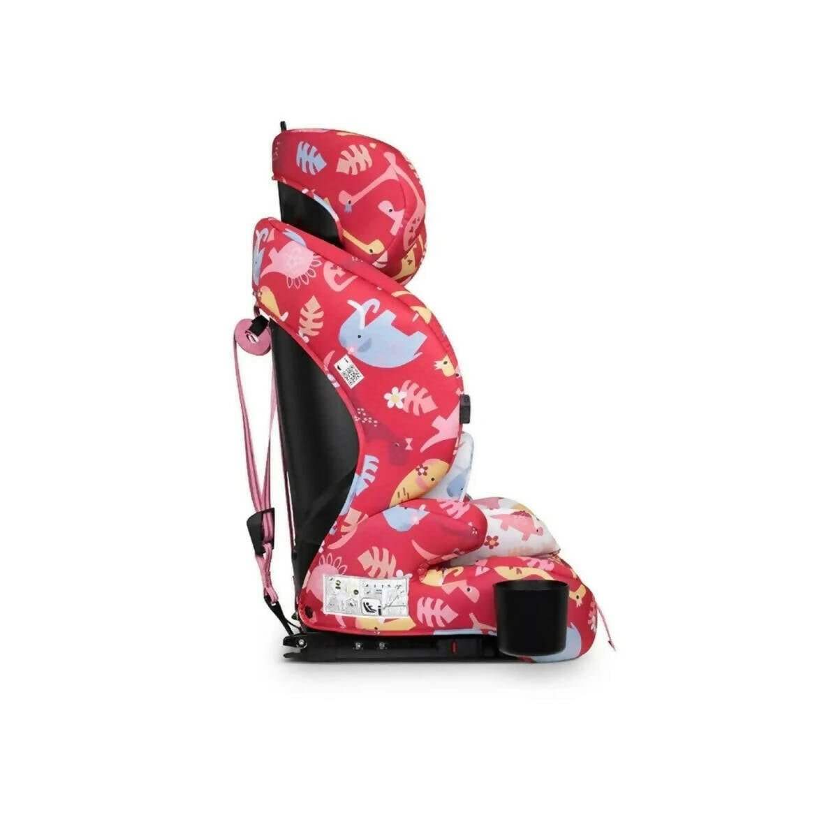 Red dinosaur-print car seat, side view with rear belt guide and foot/base section