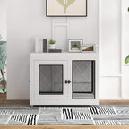 White dog cage and side table with two front mesh doors and black latch, on rug