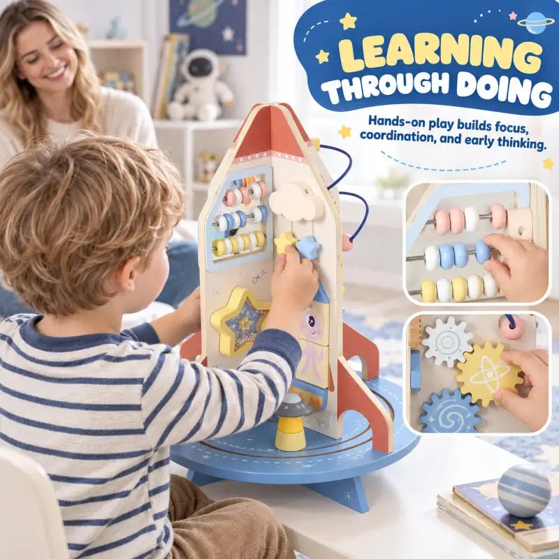 Rocket-themed wooden activity cube with bead maze and shape sorter pieces, shown in use