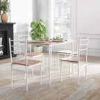 Compact dining table set with brown tabletop and four white armless chairs