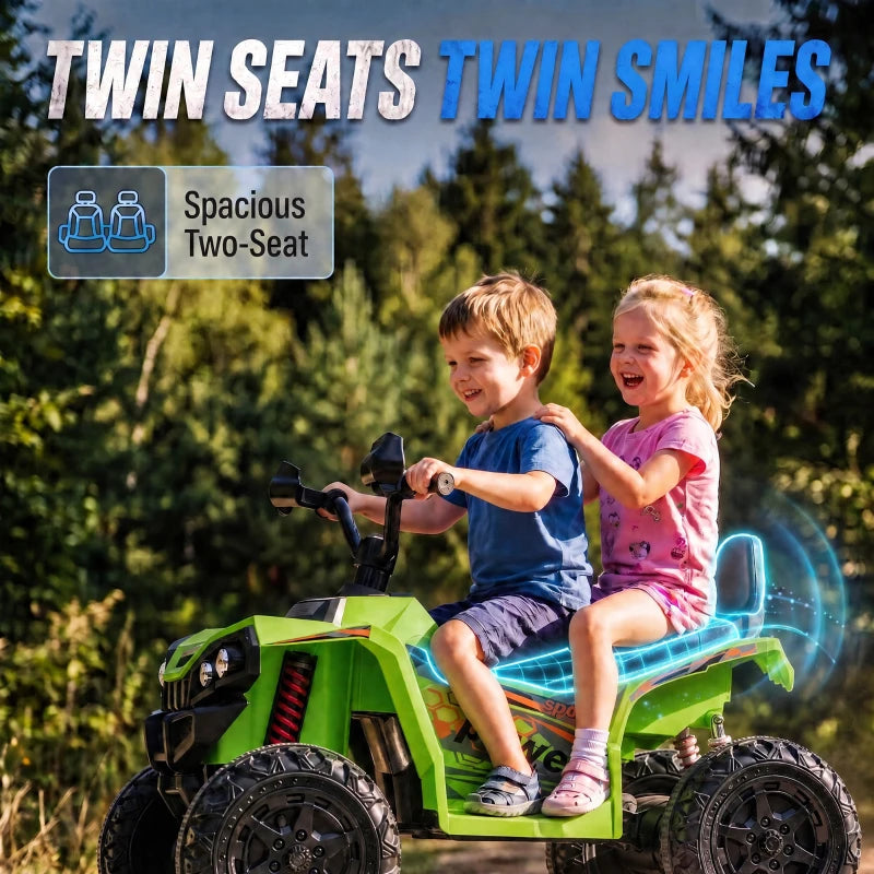 Green electric 2-seat quad bike with two seats and front light cluster