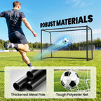 Black football goal with white net and metal frame, ball near front