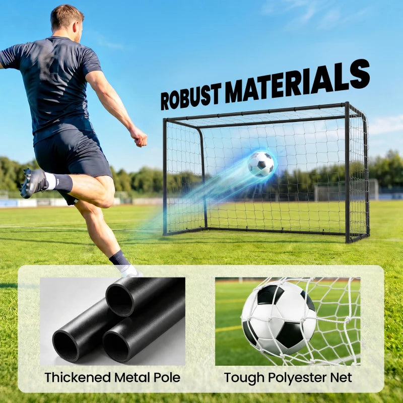 Black football goal with white net and metal frame, ball near front