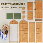 Wooden shed door panels and slats laid out for assembly, brown