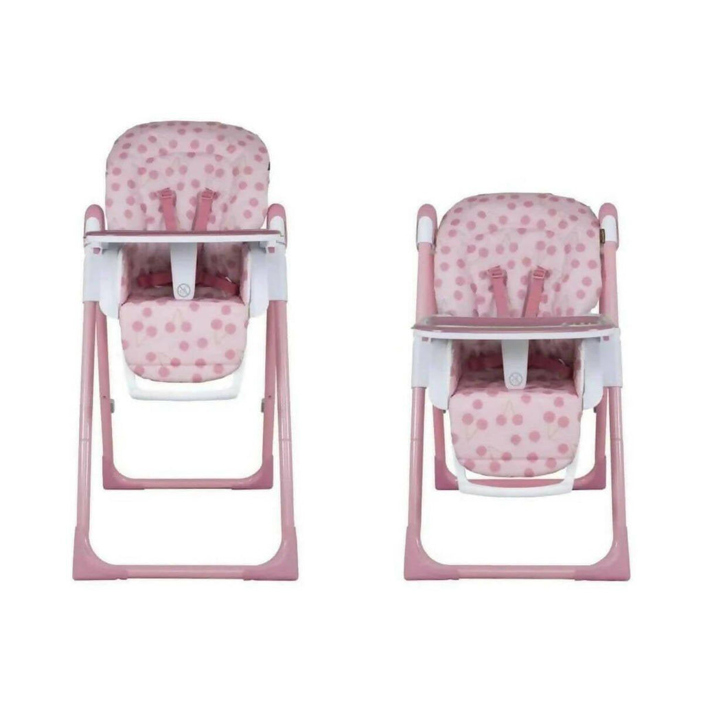 Two views of cherry pattern infant highchair with pink frame and white tray