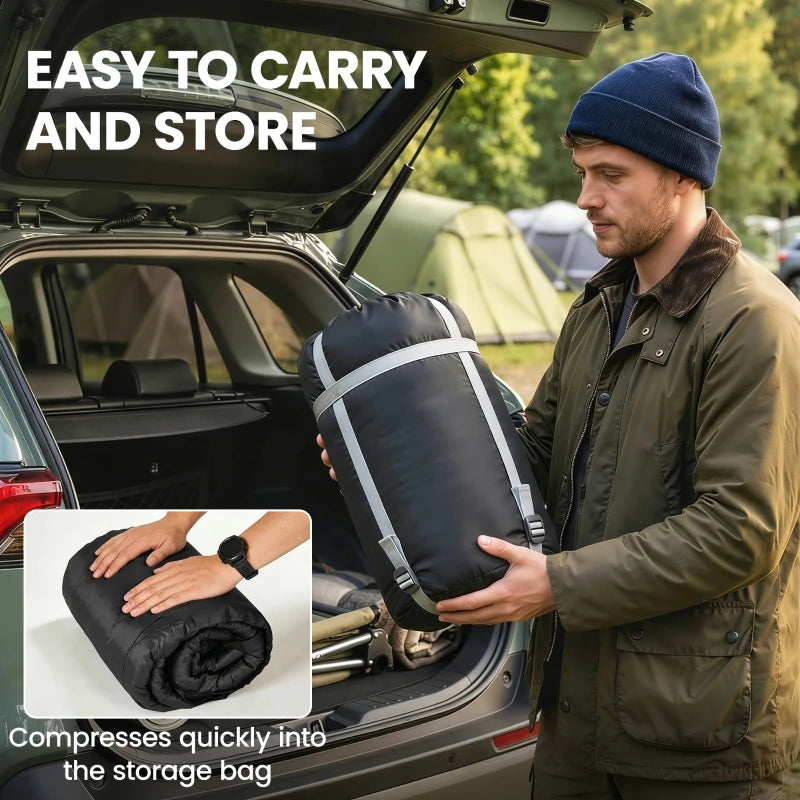 Double sleeping bag with two pillows, compressed into storage bag, black and grey.