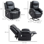 Black power lift recliner chair with extended footrest, shown from multiple angles