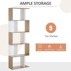 S-shaped bookshelf showing five open tier shelves in oak and white
