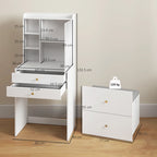 White vanity with open mirror cabinet, shelving, and multiple drawers, compact build