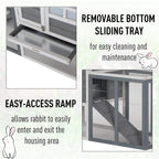 Two-tier wooden small animal hutch with removable bottom sliding tray and access ramp