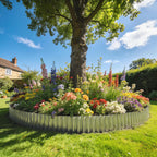 Silver galvanized steel garden edging ring forming a raised flower border with corrugated sides
