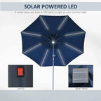 Blue solar LED parasol with center lamp, switch and integrated solar panel