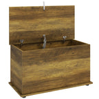 Brown storage chest with hinged lid and metal latch hardware, open for storage access.