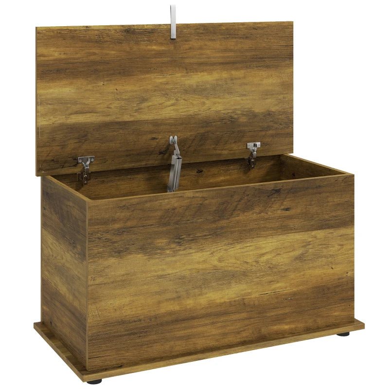 Brown storage chest with hinged lid and metal latch hardware, open for storage access.