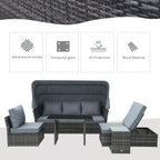 Gray outdoor wicker sofa set with canopy and gray cushions, plus matching side tables