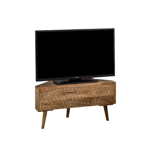 Light mango wood TV stand with patterned drawer front and four tapered legs